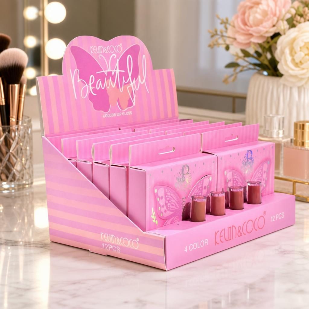 Display cu 12 Seturi Luciu de Buze, Kevin&Coco Beautiful Lip Gloss, 4 Nuante in Fiecare Set, Finisaj Lucios si Aspect Ingrijit al Buzelelor, Ideal pentru Utilizare Zilnica și Revanzare, Roz 5