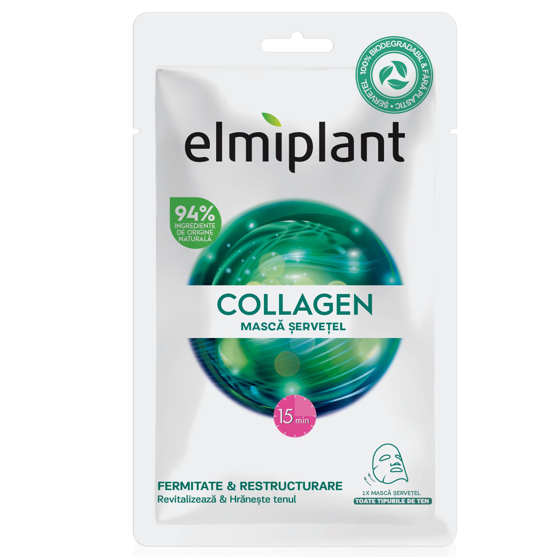 Masca Servetel Pentru Fata, Elmiplant, Collagen, Pentru Toate Tipurile de Ten, 20 ml 1