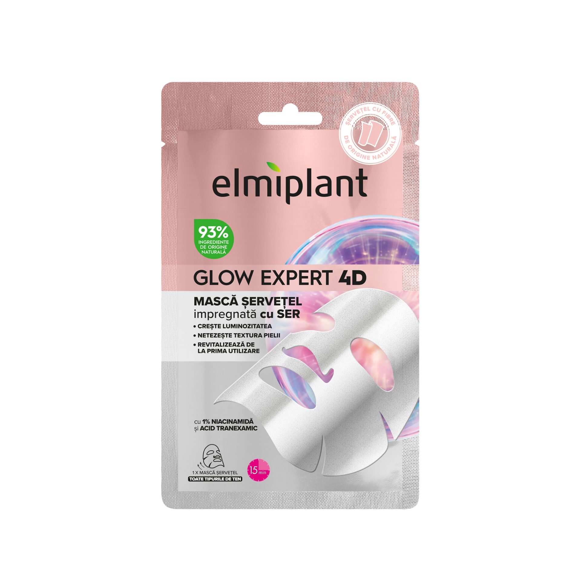 Masca Servetel Pentru Fata, Elmiplant, Glow Expert 4D Impregnata cu Ser, 1 Buc 1