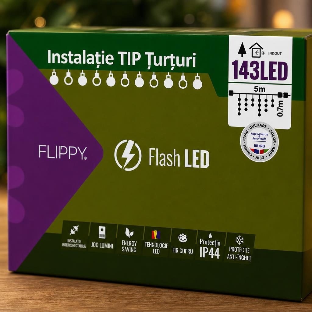 Instalatie de Craciun Flippy® Tip Turturi, Franjuri cu Flash, Sectiune 5 m, 143 LED-uri, Interconectabila, Fir Negru, RB-RG