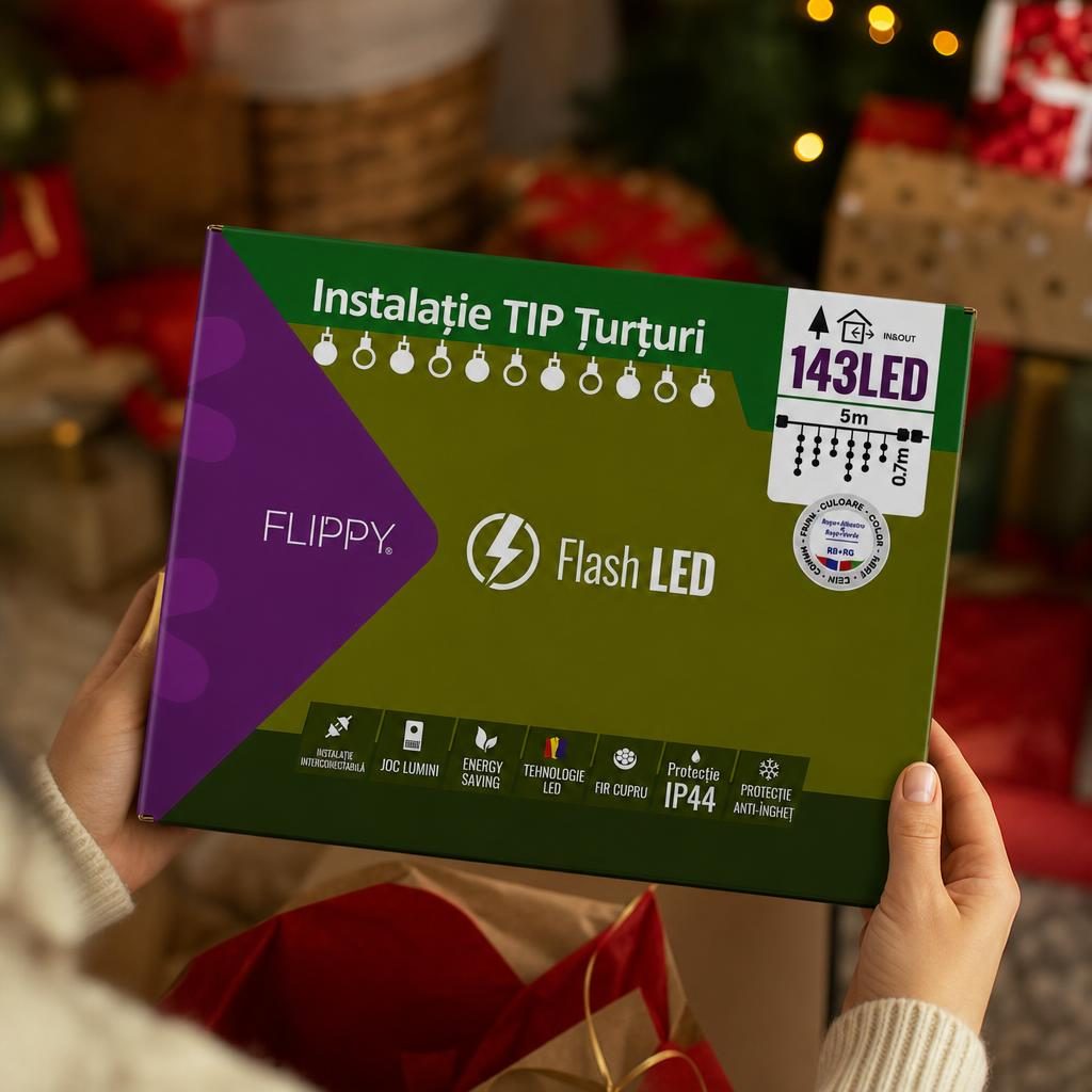 Instalatie de Craciun Flippy® Tip Turturi, Franjuri cu Flash, Sectiune 5 m, 143 LED-uri, Interconectabila, Fir Negru, RB-RG