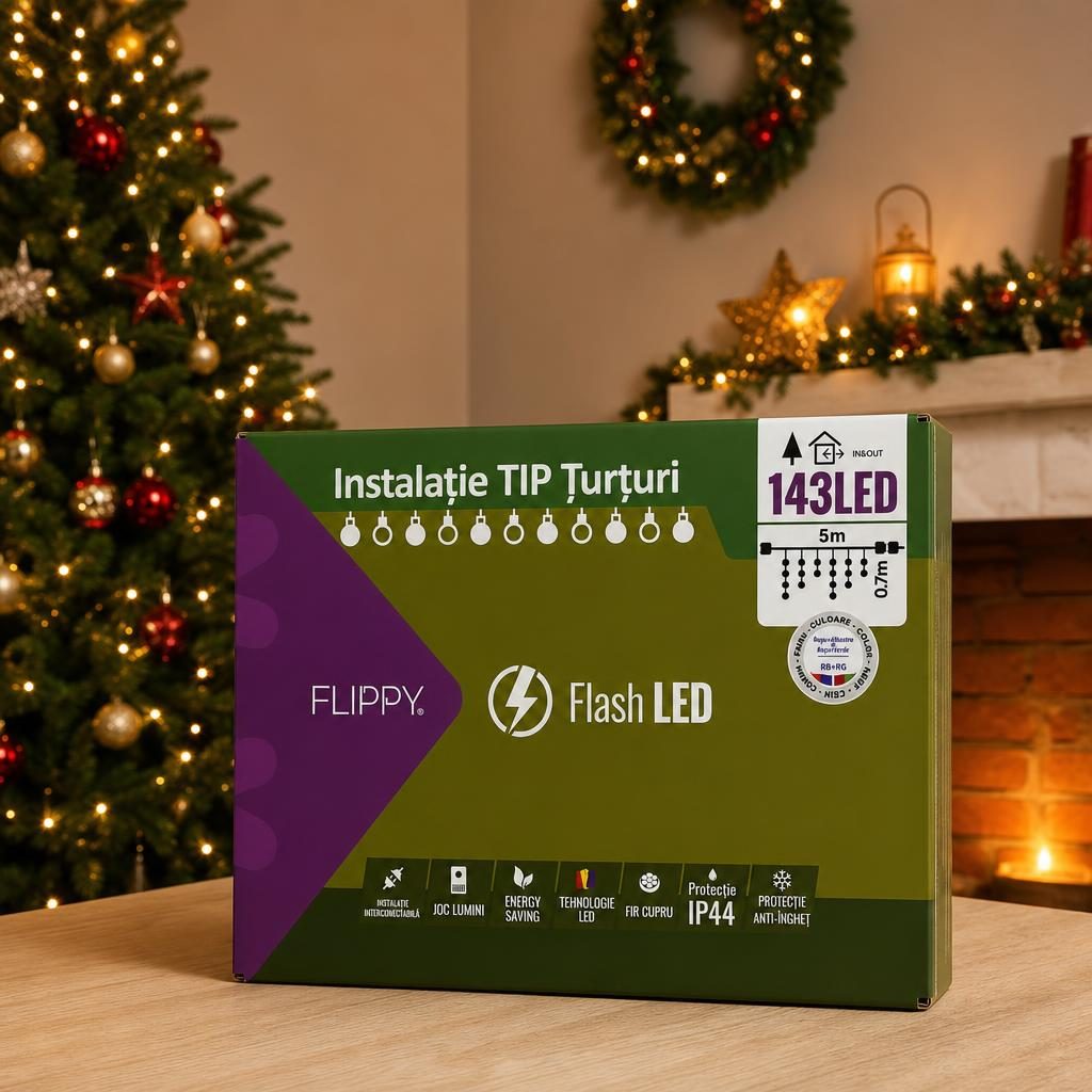 Instalatie de Craciun Flippy® Tip Turturi, Franjuri cu Flash, Sectiune 5 m, 143 LED-uri, Interconectabila, Fir Negru, RB-RG