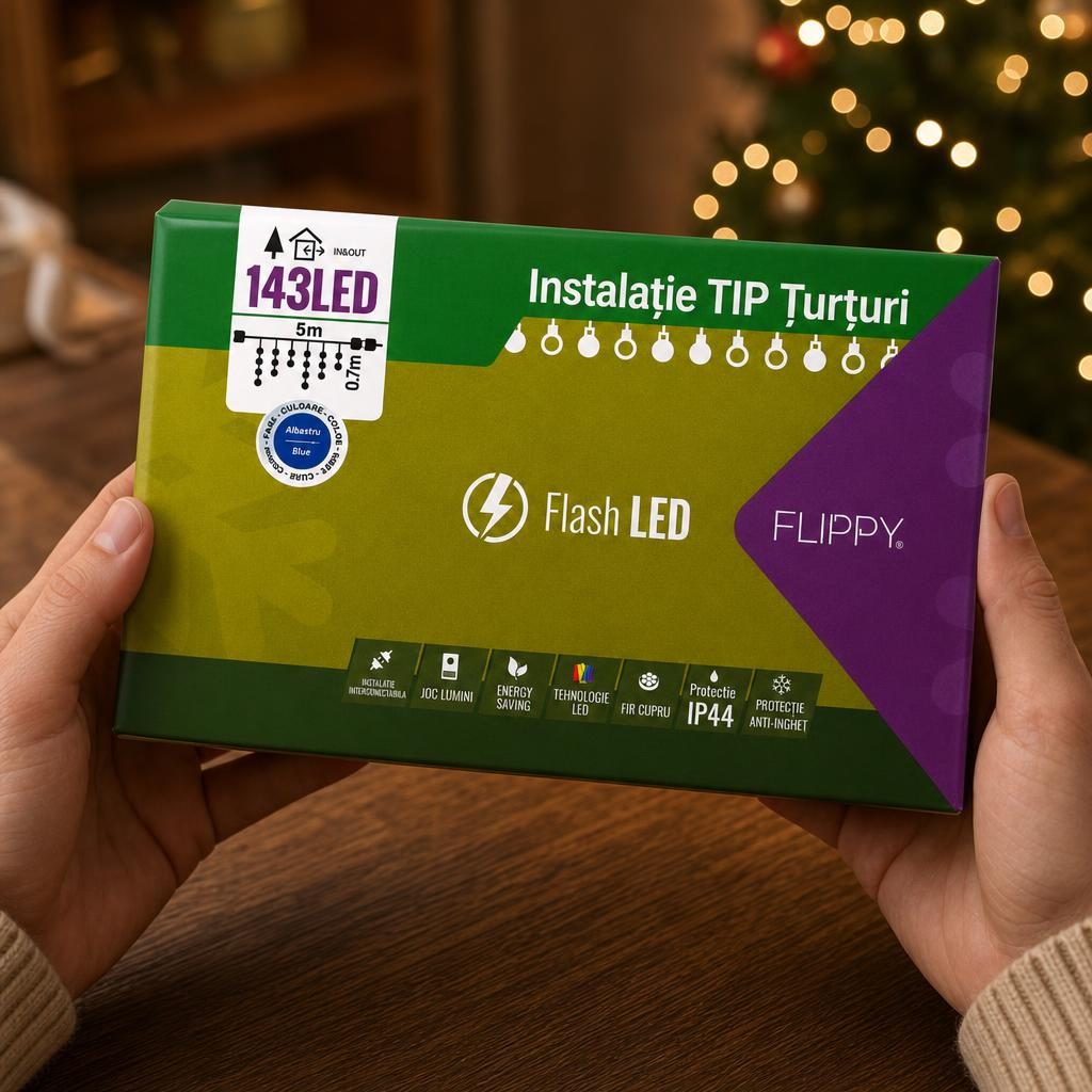 Instalatie de Craciun Flippy® Tip Turturi, Franjuri cu Flash, Sectiune 5 m, 143 LED-uri, Interconectabila, Fir Alb, Albastru