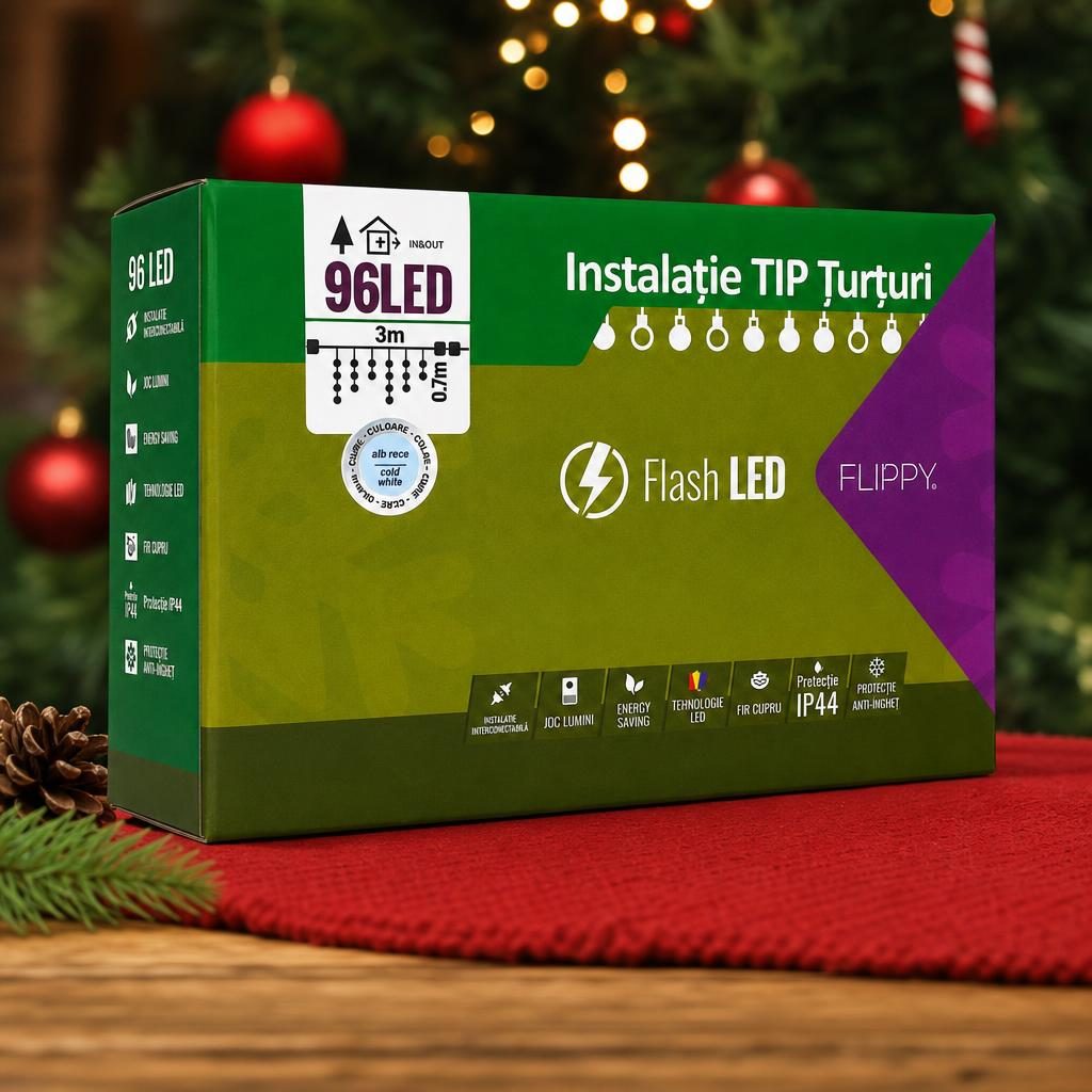 Instalatie de Craciun Flippy® Tip Turturi, Franjuri cu Flash, Sectiune 3 m, 96 LED-uri, Interconectabila, Fir Alb, Alb Rece