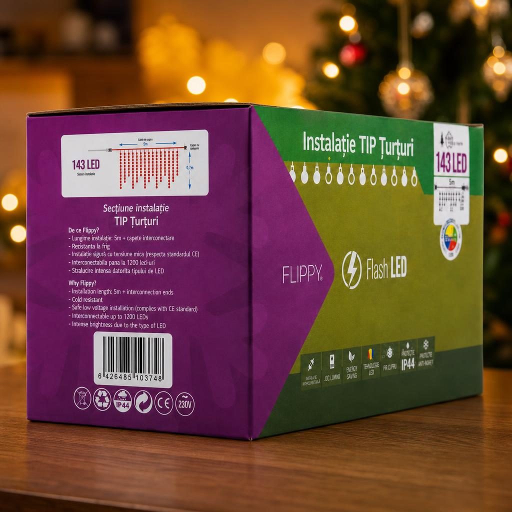 Instalatie de Craciun Flippy® Tip Turturi, Franjuri cu Flash, Sectiune 5 m, 143 LED-uri, Interconectabila, Fir Transparent, Multicolor