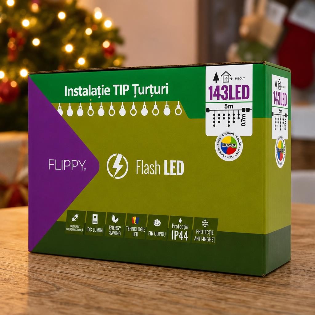 Instalatie de Craciun Flippy® Tip Turturi, Franjuri cu Flash, Sectiune 5 m, 143 LED-uri, Interconectabila, Fir Alb, Multicolor