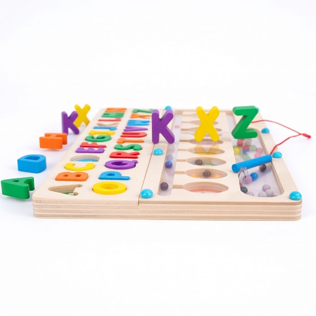 Jucarie educativa din lemn, Abecedar colorat pentru copii, Puzzle alfabet cu litere mari, Invatare litere, Dezvoltare vocabular, Joc Montessori din lemn, 3+ ani 4