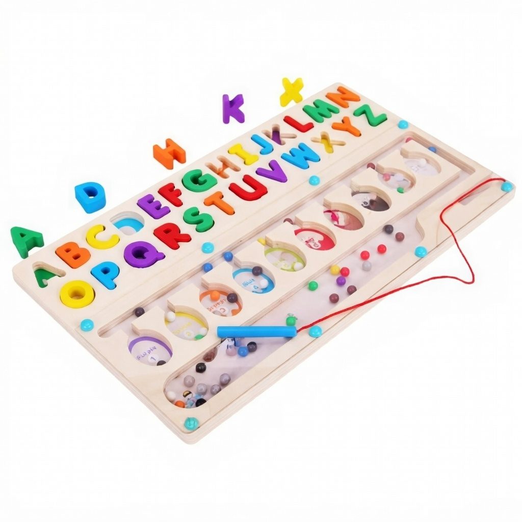 Jucarie educativa din lemn, Abecedar colorat pentru copii, Puzzle alfabet cu litere mari, Invatare litere, Dezvoltare vocabular, Joc Montessori din lemn, 3+ ani 5