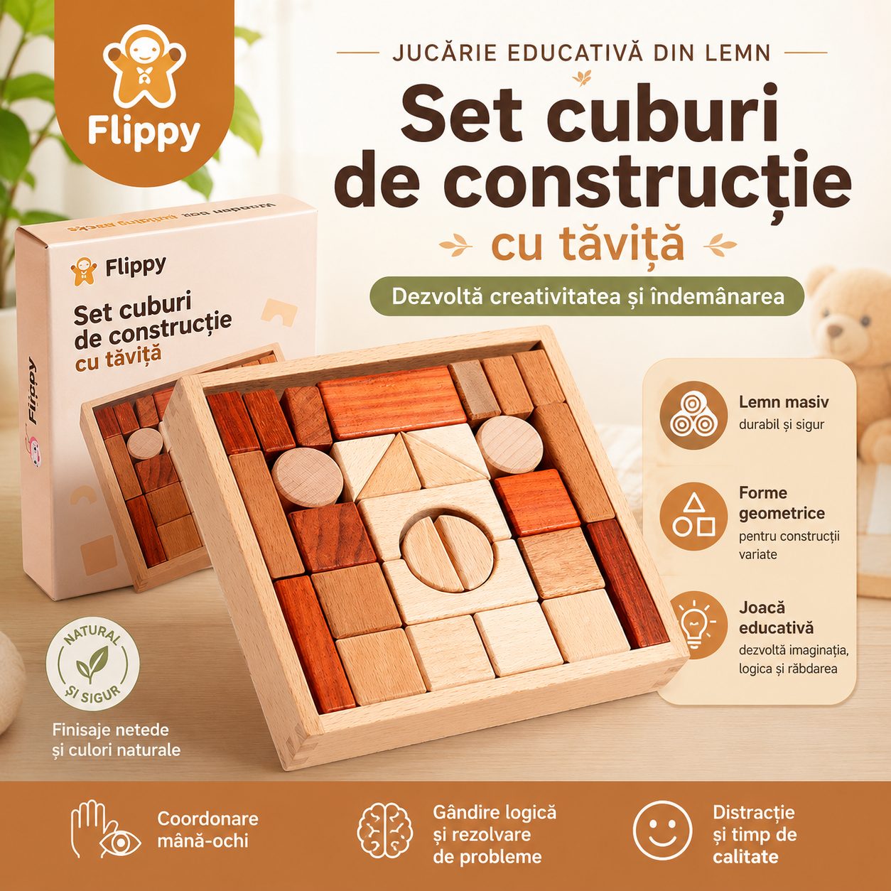 Jucarie Educativa din Lemn, Flippy, Set Cuburi de Constructie cu Tavita, Piese Geometrice din Lemn Masiv, Dezvolta Creativitatea si Indemanarea, Maro