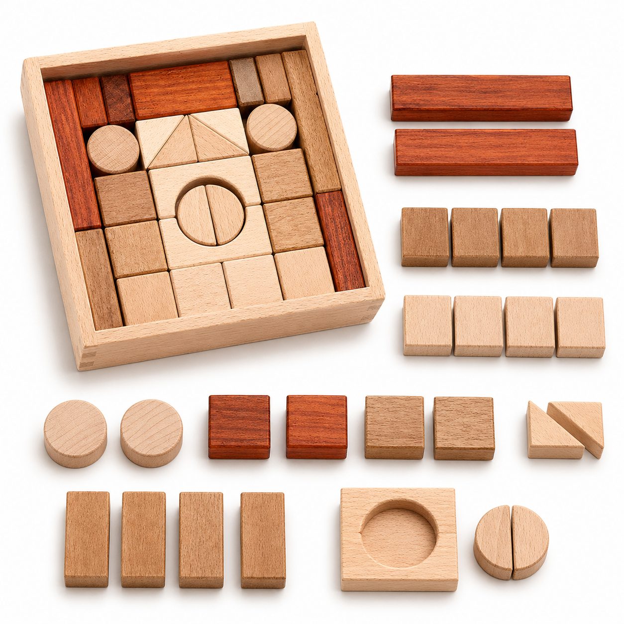 Jucarie Educativa din Lemn, Flippy, Set Cuburi de Constructie cu Tavita, Piese Geometrice din Lemn Masiv, Dezvolta Creativitatea si Indemanarea, Maro