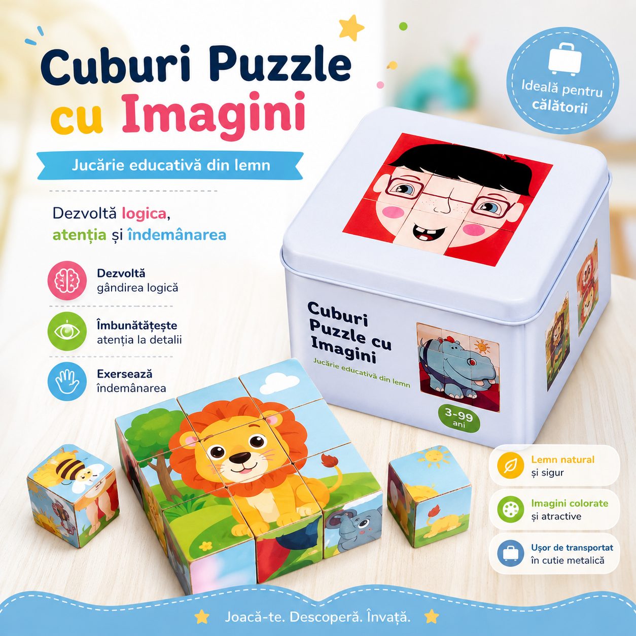 Jucarie Educativa din Lemn, , Cuburi Puzzle cu Imagini in Cutie Metalica, Joc de Calatorie pentru Dezvoltarea Gandirii Logice, Atentiei si Indemanarii, Multicolor 2