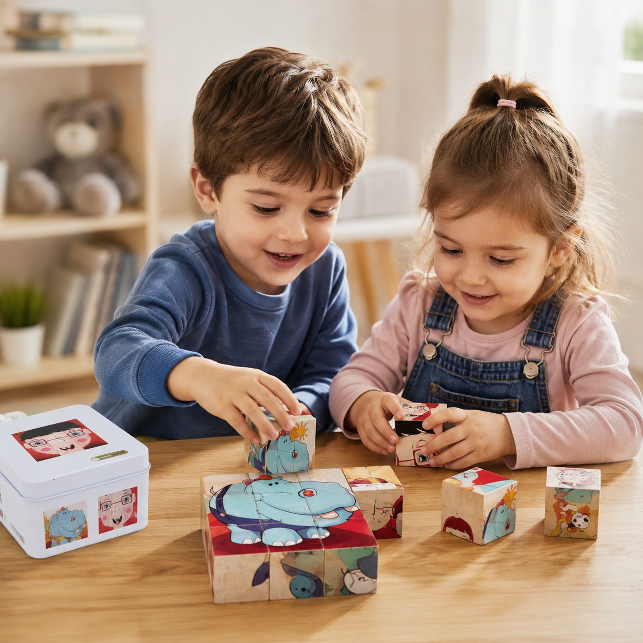 Jucarie Educativa din Lemn, , Cuburi Puzzle cu Imagini in Cutie Metalica, Joc de Calatorie pentru Dezvoltarea Gandirii Logice, Atentiei si Indemanarii, Multicolor 3