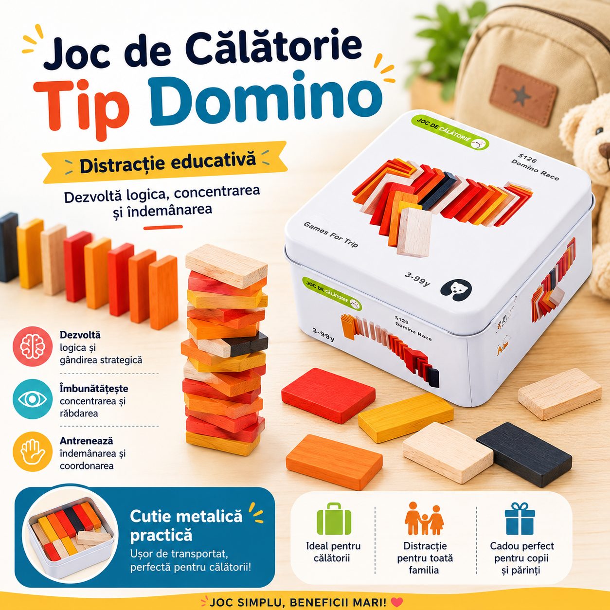 Jucarie Educativa din Lemn, , Joc de Calatorie Tip Domino cu Cutie Metalica, Dezvolta Gandirea Logica, Concentrarea si Indemanarea, Multicolor 4
