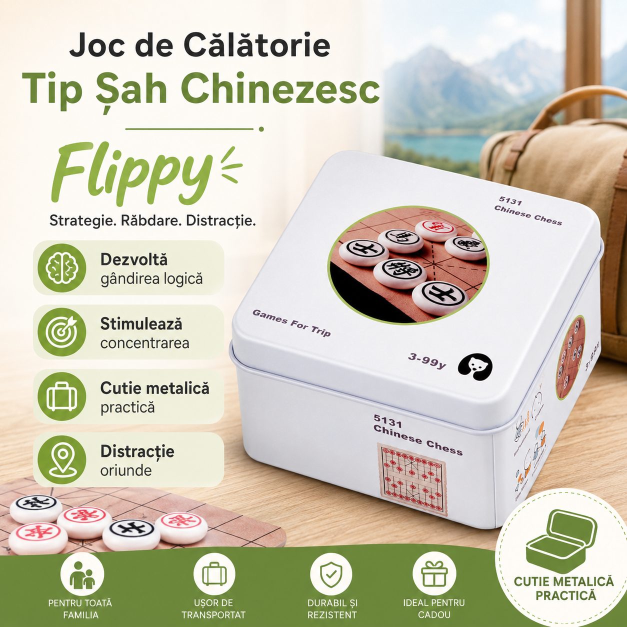 Jucarie Educativa din Lemn, , Joc de Calatorie Tip Sah Chinezesc cu Cutie Metalica, Dezvolta Gandirea Logica si Concentrarea, Multicolor 2