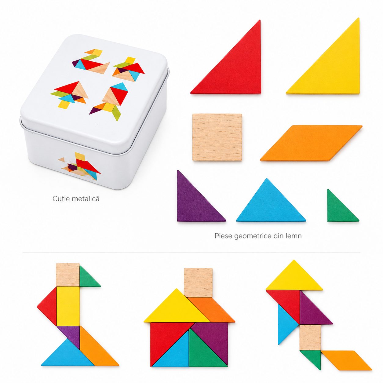 Jucarie Educativa din Lemn, Flippy, Joc Tangram de Calatorie cu Cutie Metalica, Puzzle Geometric pentru Dezvoltarea Gandirii Logice si Creativitatii, Multicolor
