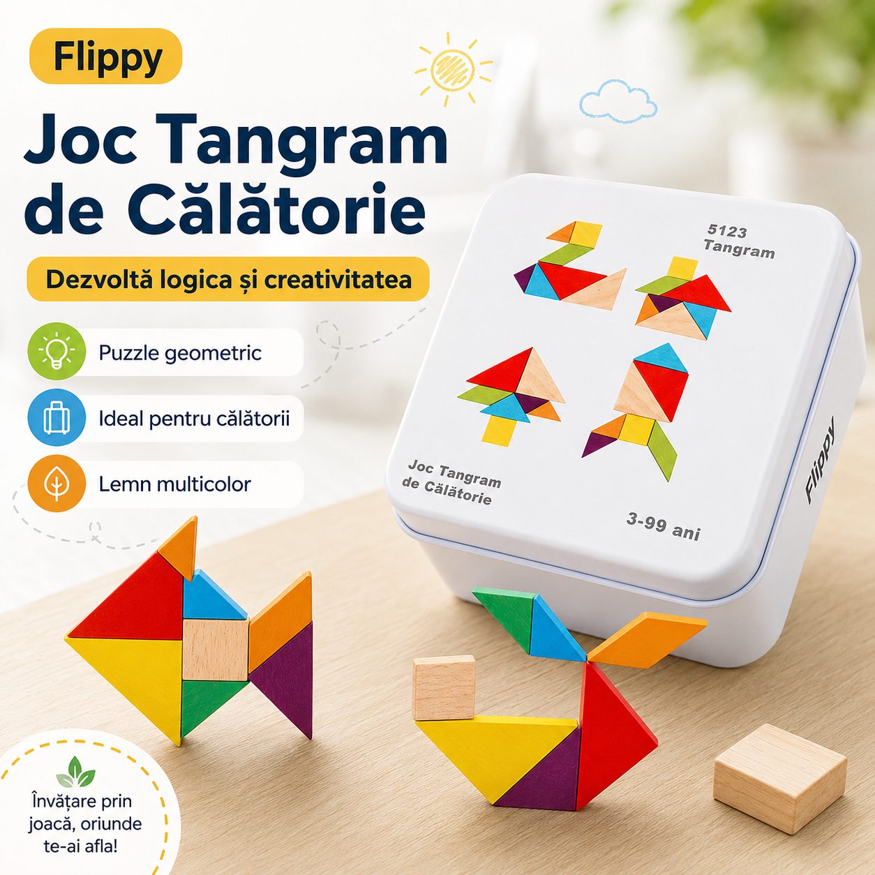 Jucarie Educativa din Lemn, Flippy, Joc Tangram de Calatorie cu Cutie Metalica, Puzzle Geometric pentru Dezvoltarea Gandirii Logice si Creativitatii, Multicolor