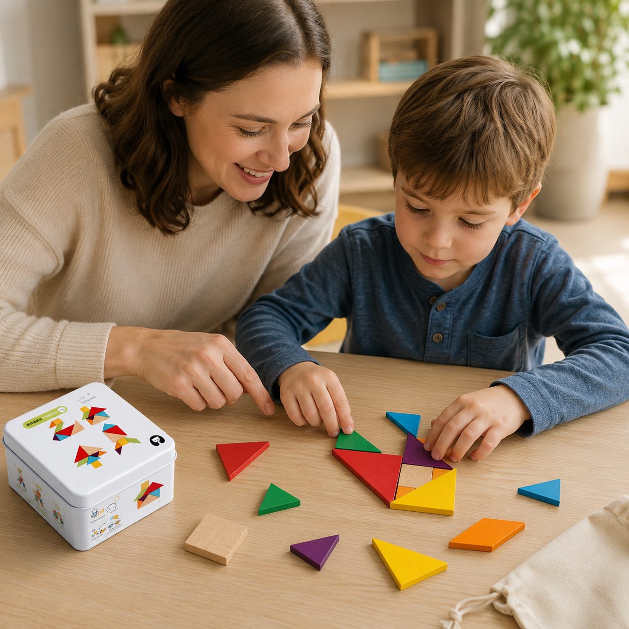 Jucarie Educativa din Lemn, Flippy, Joc Tangram de Calatorie cu Cutie Metalica, Puzzle Geometric pentru Dezvoltarea Gandirii Logice si Creativitatii, Multicolor