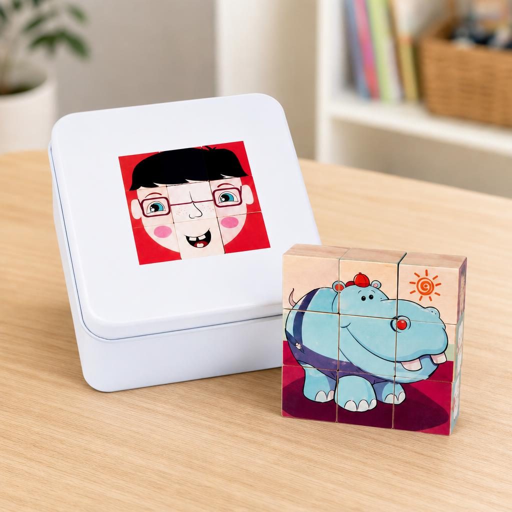 Jucarie Educativa din Lemn, , Cuburi Puzzle cu Imagini in Cutie Metalica, Joc de Calatorie pentru Dezvoltarea Gandirii Logice, Atentiei si Indemanarii, Multicolor 4