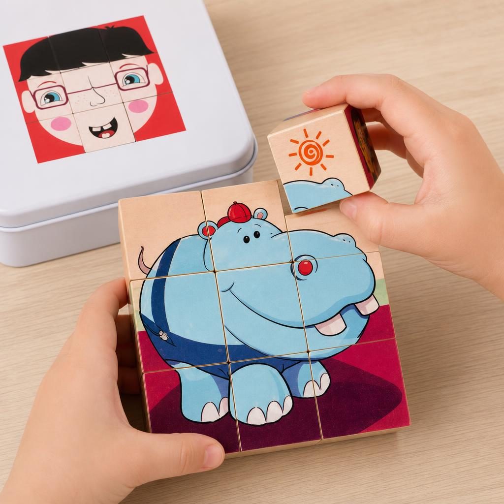 Jucarie Educativa din Lemn, , Cuburi Puzzle cu Imagini in Cutie Metalica, Joc de Calatorie pentru Dezvoltarea Gandirii Logice, Atentiei si Indemanarii, Multicolor 5