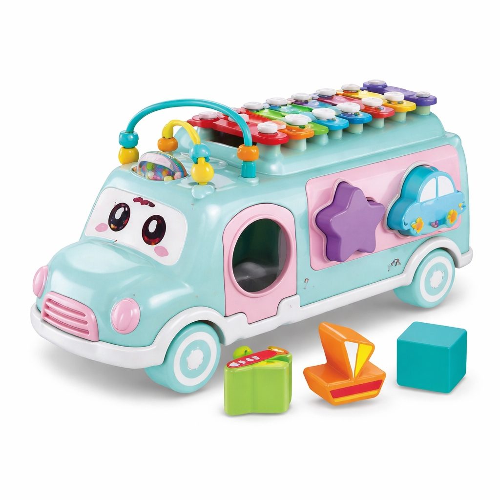 Autobuz Muzical cu Xilofon Albastru, Jucarie de Tras pentru Bebelusi 18+ Luni, Sunete Vesela la Tragere, Xilofon Integrat, Caramizi si Margele Colorate, Jucarie Educativa Montessori Dezvolta Motorica Fina si Auzul