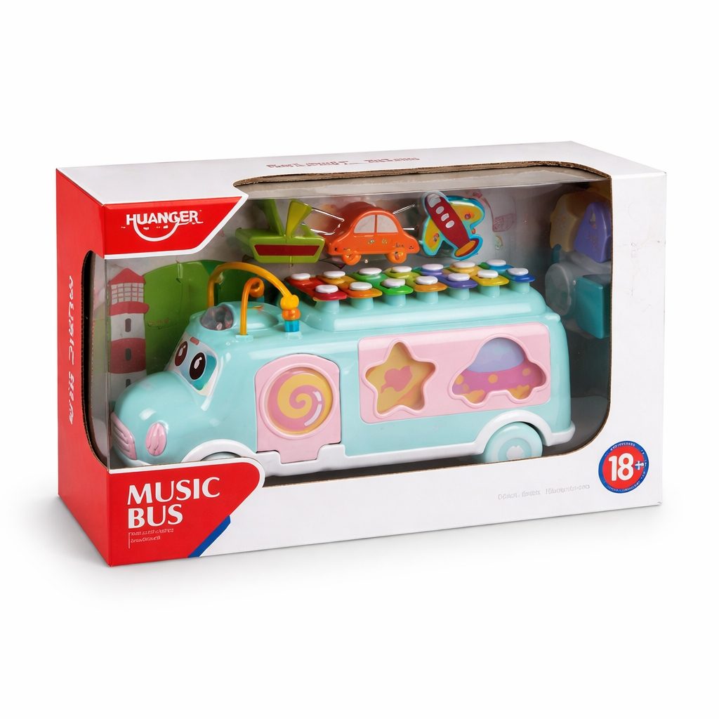 Autobuz Muzical cu Xilofon Albastru, Jucarie de Tras pentru Bebelusi 18+ Luni, Sunete Vesela la Tragere, Xilofon Integrat, Caramizi si Margele Colorate, Jucarie Educativa Montessori Dezvolta Motorica Fina si Auzul 2