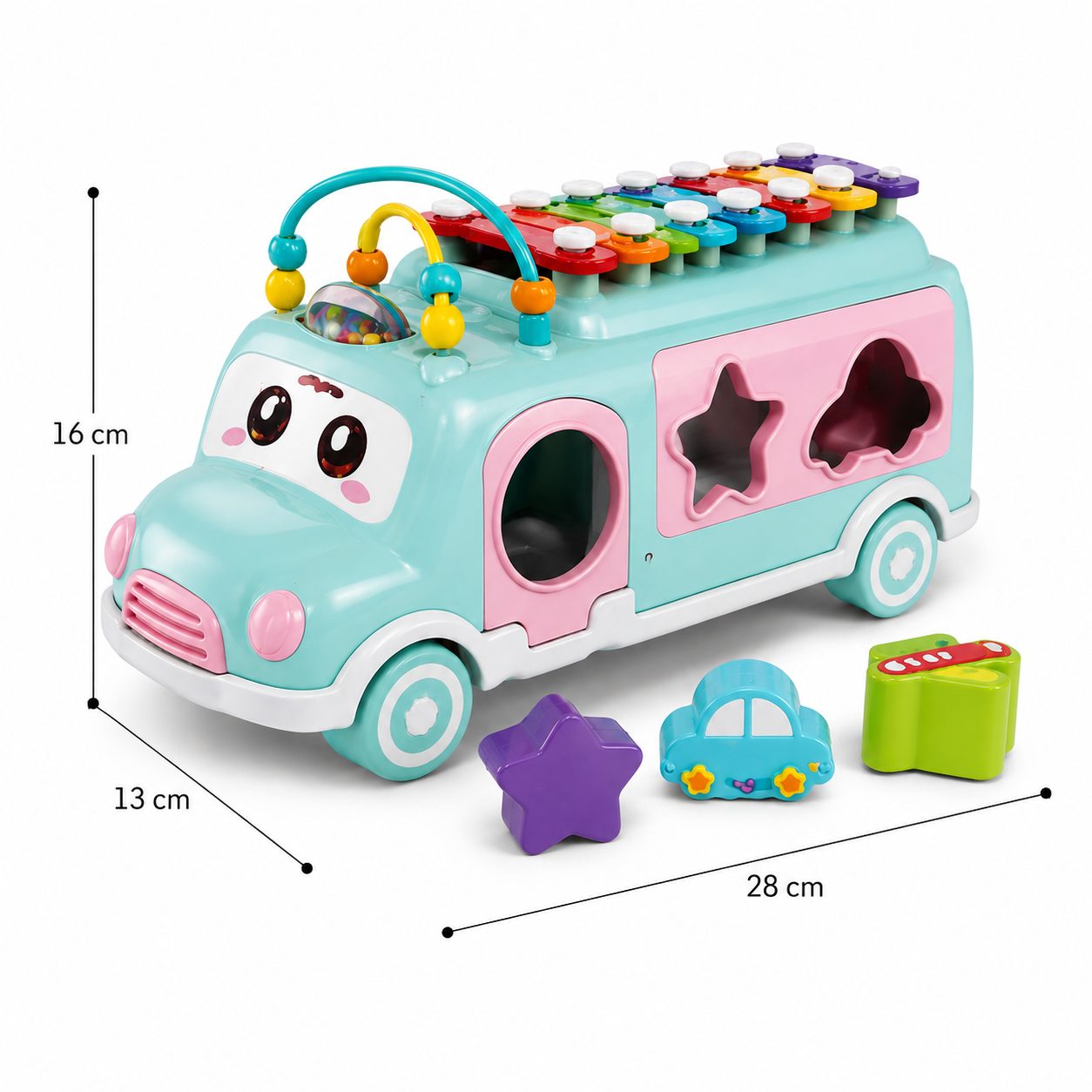 Autobuz Muzical cu Xilofon Albastru, Jucarie de Tras pentru Bebelusi 18+ Luni, Sunete Vesela la Tragere, Xilofon Integrat, Caramizi si Margele Colorate, Jucarie Educativa Montessori Dezvolta Motorica Fina si Auzul 4