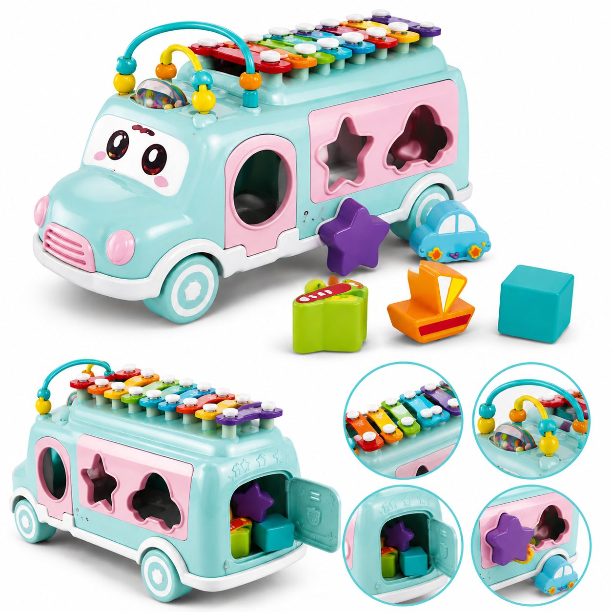 Autobuz Muzical cu Xilofon Albastru, Jucarie de Tras pentru Bebelusi 18+ Luni, Sunete Vesela la Tragere, Xilofon Integrat, Caramizi si Margele Colorate, Jucarie Educativa Montessori Dezvolta Motorica Fina si Auzul 3