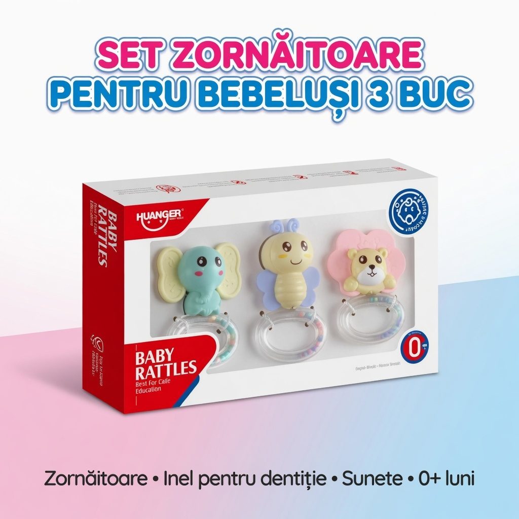 Set 3 Zornaitoare Pentru Bebelusi, Elefant, Albina Si Leu, Jucarii Dentitie Cu Inele Si Sunete, Jucarie Dezvoltare Motrica Si Senzoriala, Pentru Copii 0+ Luni, Model 1, Multicolor 3