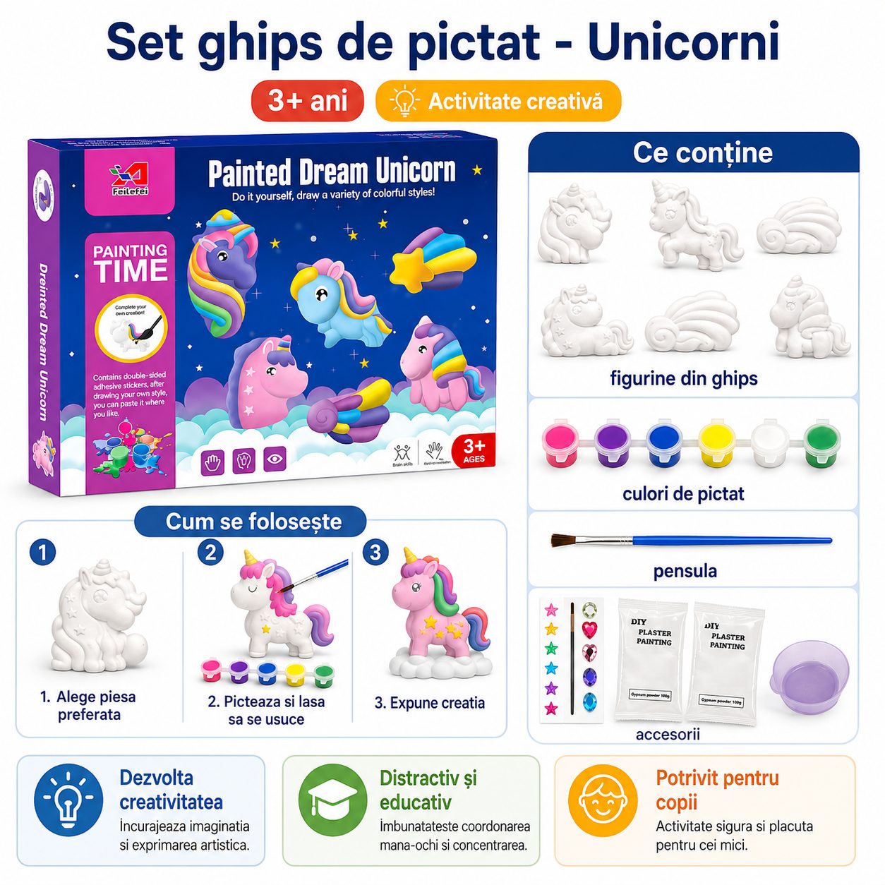 Set Pictura Ghips Pentru Copii Cu Vehicule De Santier Si Accesorii, Kit Creativ DIY Cu Figurine De Decorat Si Culori Incluse, Jucarie Educativa Pentru Activitati Artistice Si Dezvoltare Imaginatie Copii 3+ Ani, Multicolor 3