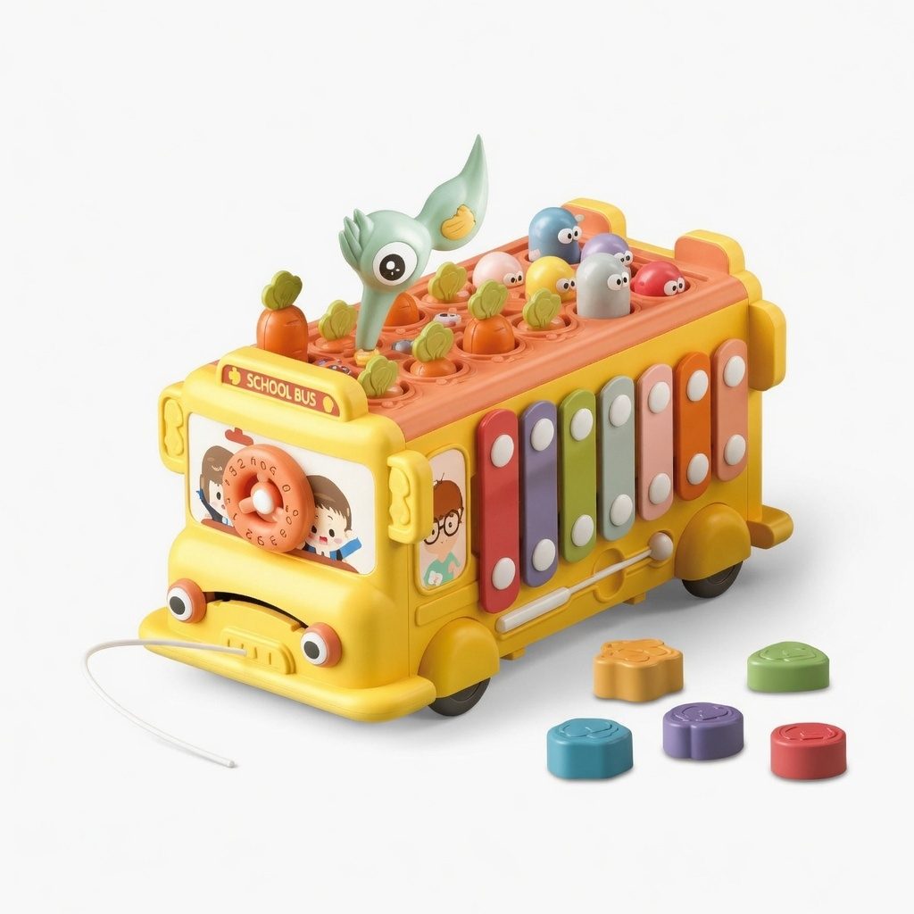 Autobuz Scolar Muzical Si Educativ Multifunctional, Jucarie Interactiva Puzzle Bus Cu Xilofon, Forme Si Activitati, Joc Cu Ciocanel Whack A Mole, Lumini Si Sunete, Dezvoltare Motrica Si Senzoriala, Pentru Copii 18+ Luni, Multicolor 4