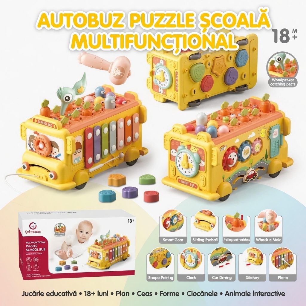 Autobuz Scolar Muzical Si Educativ Multifunctional, Jucarie Interactiva Puzzle Bus Cu Xilofon, Forme Si Activitati, Joc Cu Ciocanel Whack A Mole, Lumini Si Sunete, Dezvoltare Motrica Si Senzoriala, Pentru Copii 18+ Luni, Multicolor 2