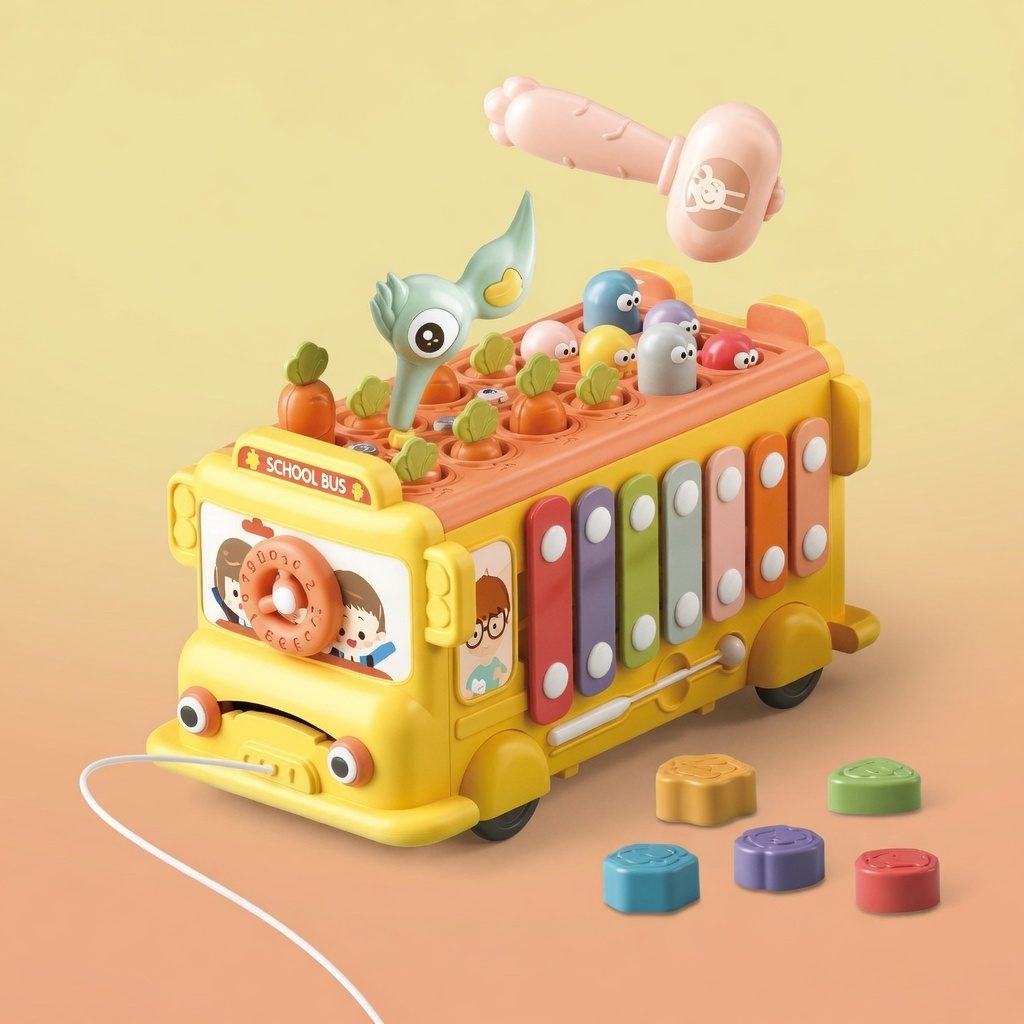 Autobuz Scolar Muzical Si Educativ Multifunctional, Jucarie Interactiva Puzzle Bus Cu Xilofon, Forme Si Activitati, Joc Cu Ciocanel Whack A Mole, Lumini Si Sunete, Dezvoltare Motrica Si Senzoriala, Pentru Copii 18+ Luni, Multicolor 5