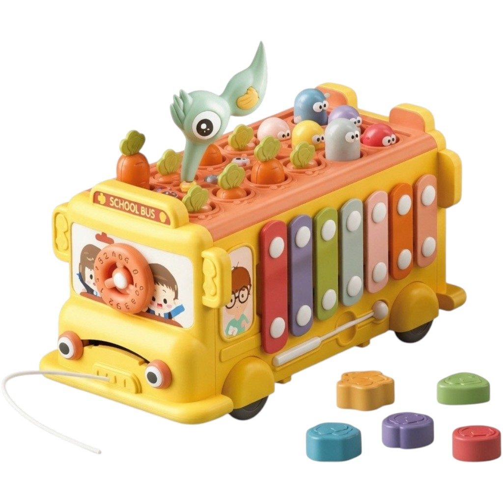 Autobuz Scolar Muzical Si Educativ Multifunctional, Jucarie Interactiva Puzzle Bus Cu Xilofon, Forme Si Activitati, Joc Cu Ciocanel Whack A Mole, Lumini Si Sunete, Dezvoltare Motrica Si Senzoriala, Pentru Copii 18+ Luni, Multicolor