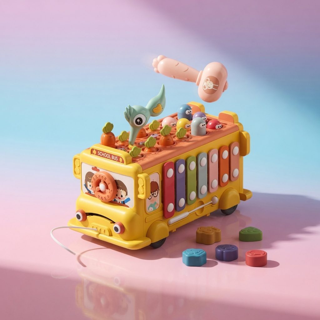 Autobuz Scolar Muzical Si Educativ Multifunctional, Jucarie Interactiva Puzzle Bus Cu Xilofon, Forme Si Activitati, Joc Cu Ciocanel Whack A Mole, Lumini Si Sunete, Dezvoltare Motrica Si Senzoriala, Pentru Copii 18+ Luni, Multicolor 3