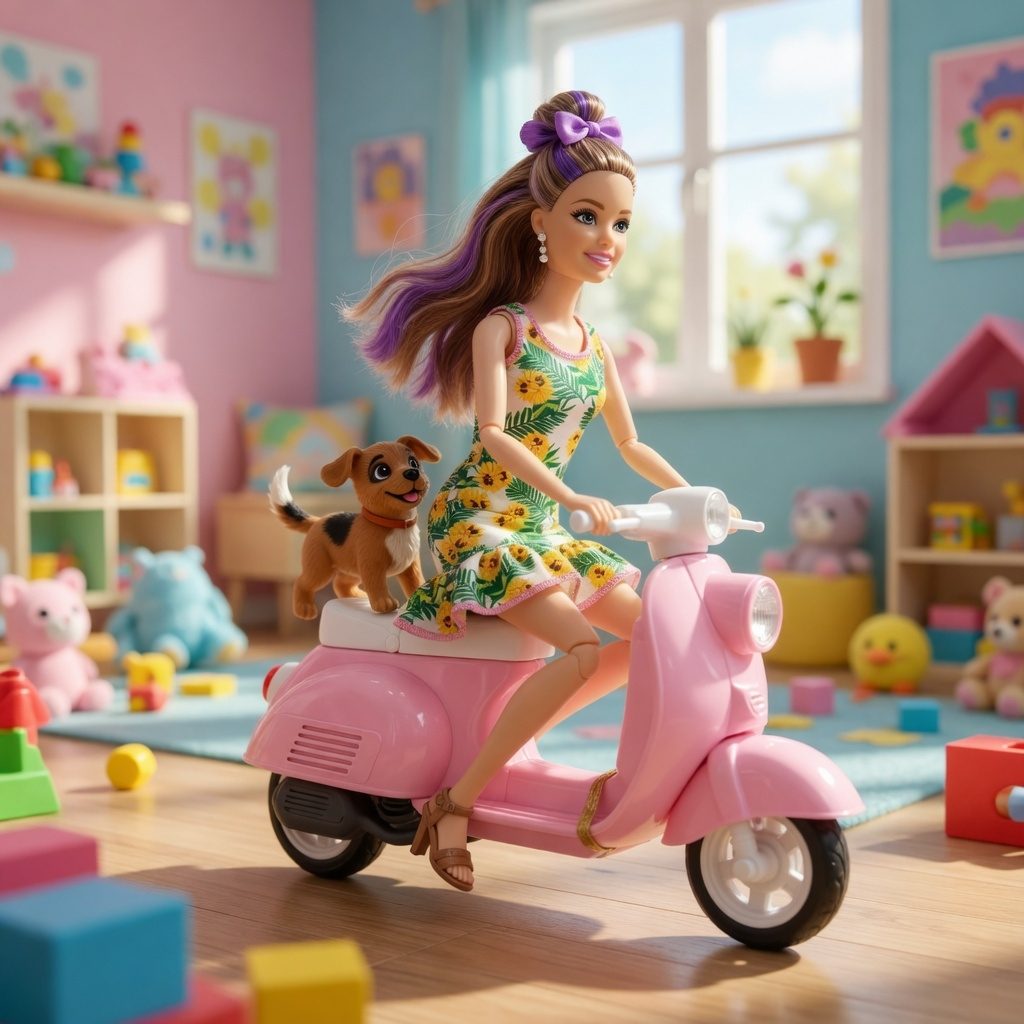 Papusa Anglinda Cu Scooter Si Accesorii Pentru Copii, Set Joaca Cu Papusa, Scuter Roz, Catelus Si Elemente Decorative, Jucarie Fashion Cu Rochie Si Accesorii Diverse, Set Interactiv Pentru Fetite 3+ Ani, Roz