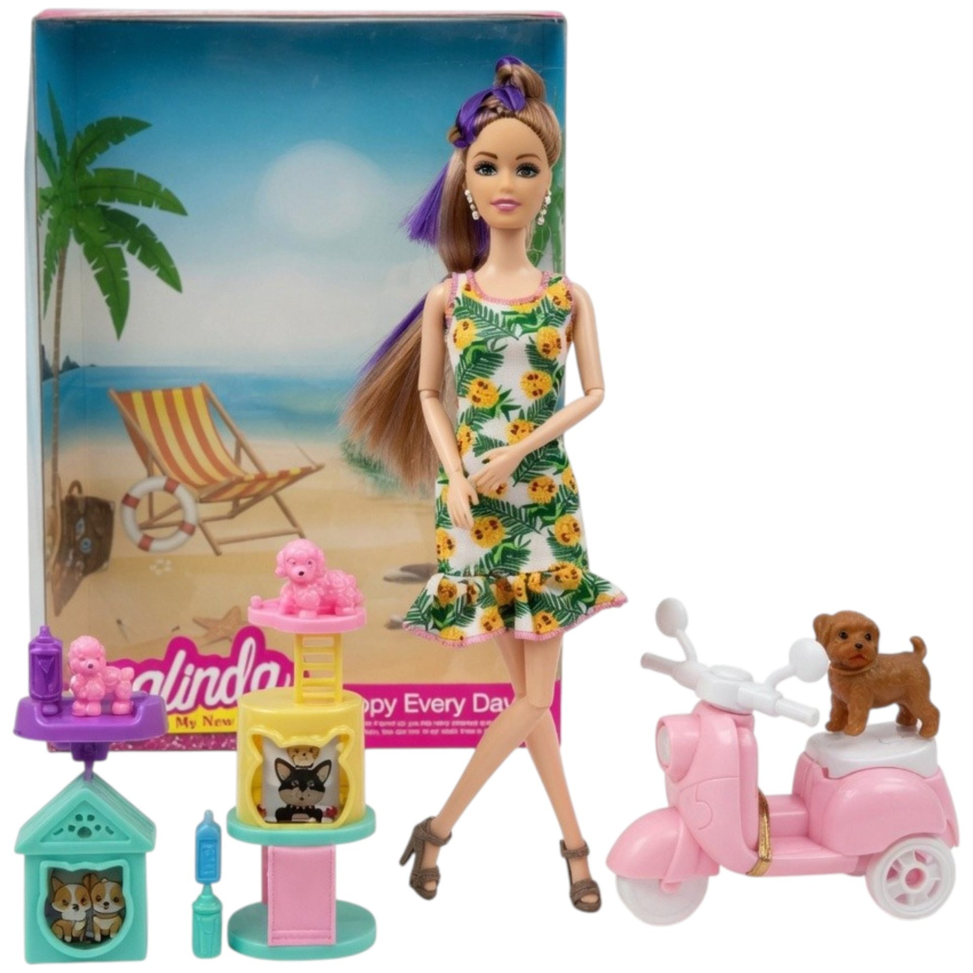 Papusa Anglinda Cu Scooter Si Accesorii Pentru Copii, Set Joaca Cu Papusa, Scuter Roz, Catelus Si Elemente Decorative, Jucarie Fashion Cu Rochie Si Accesorii Diverse, Set Interactiv Pentru Fetite 3+ Ani, Roz