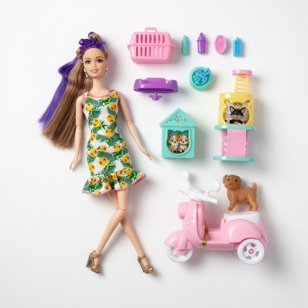 Papusa Anglinda Cu Scooter Si Accesorii Pentru Copii, Set Joaca Cu Papusa, Scuter Roz, Catelus Si Elemente Decorative, Jucarie Fashion Cu Rochie Si Accesorii Diverse, Set Interactiv Pentru Fetite 3+ Ani, Roz