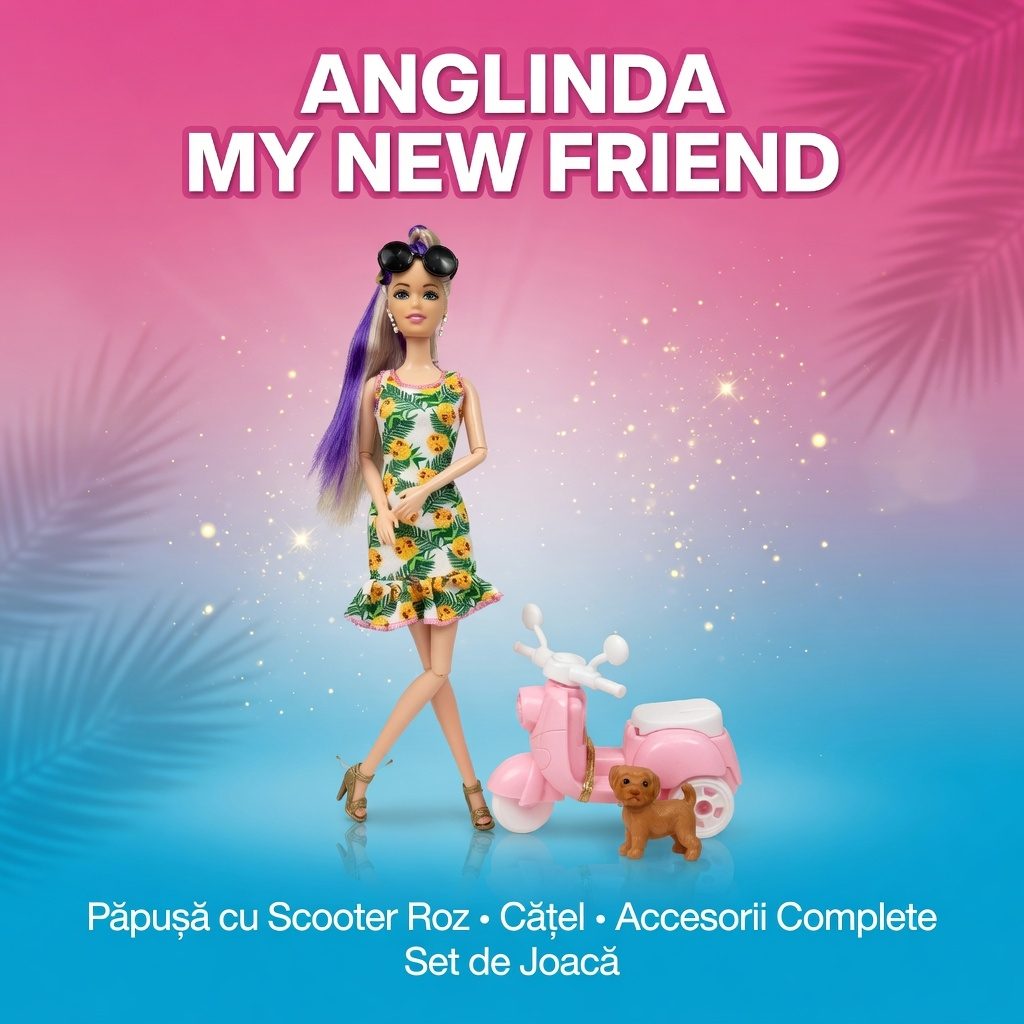 Papusa Anglinda Cu Scooter Si Accesorii Pentru Copii, Set Joaca Cu Papusa, Scuter Roz, Catelus Si Elemente Decorative, Jucarie Fashion Cu Rochie Si Accesorii Diverse, Set Interactiv Pentru Fetite 3+ Ani, Roz