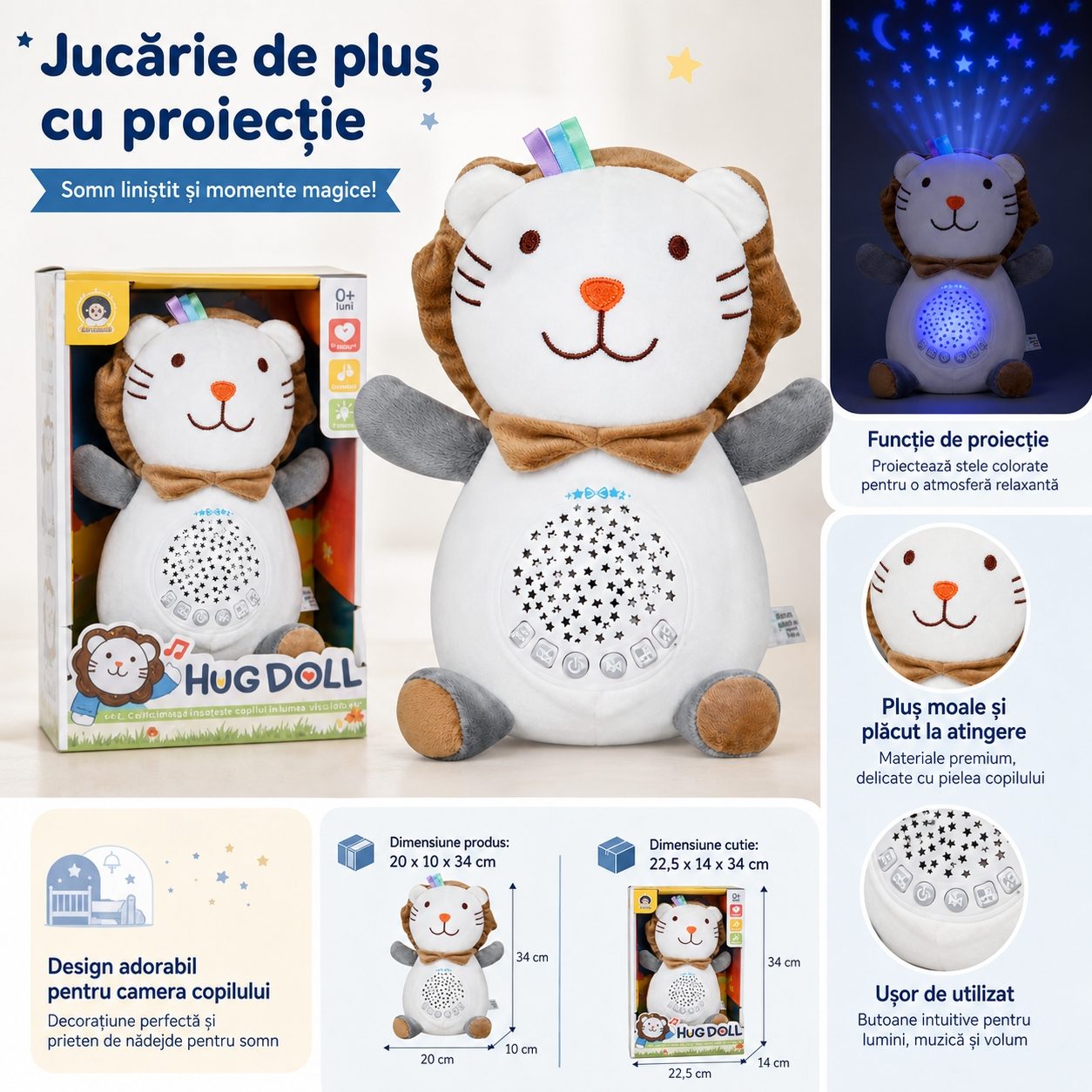 Jucarie Plus Interactiva Pentru Copii Cu Proiectie Luminoasa Si Sunete, Plus Tip Leu Cu Lumina De Veghe Si Muzica, Jucarie De Imbratisat Pentru Somn Linistit Si Relaxare Copii 0+ Luni, Multicolor 2
