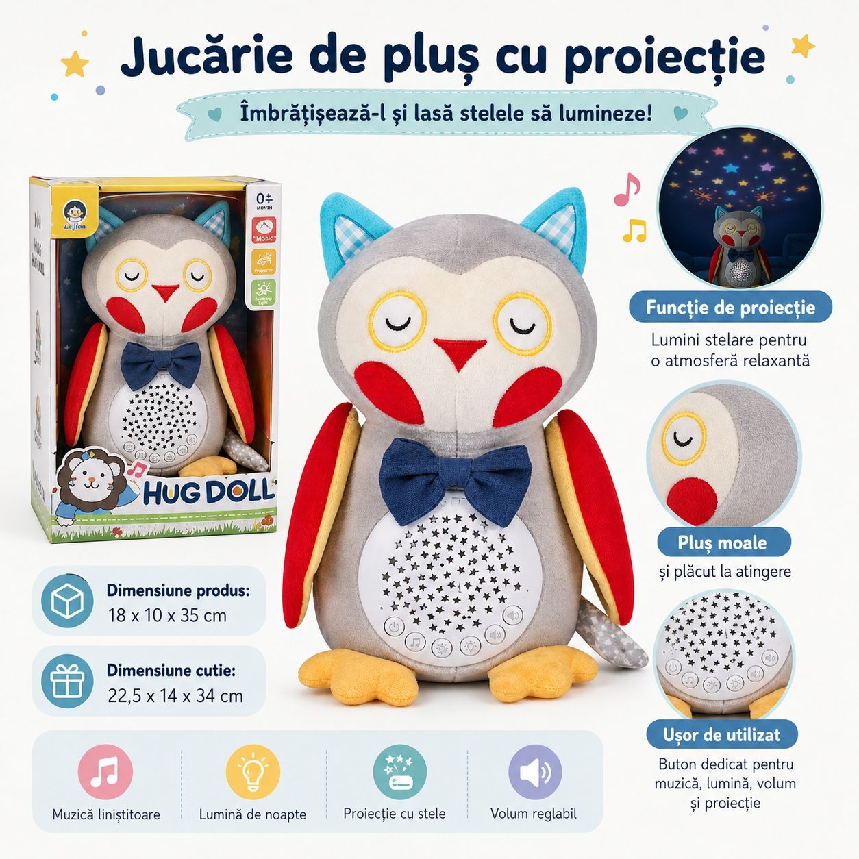 Bufnita De Plus Interactiva Pentru Copii Cu Proiectie Luminoasa Si Muzica, Jucarie De Somn Tip Lampa De Veghe Cu Sunete Relaxante, Plush Pentru Imbratisat Si Linistire Copii 0+ Luni, Multicolor 2