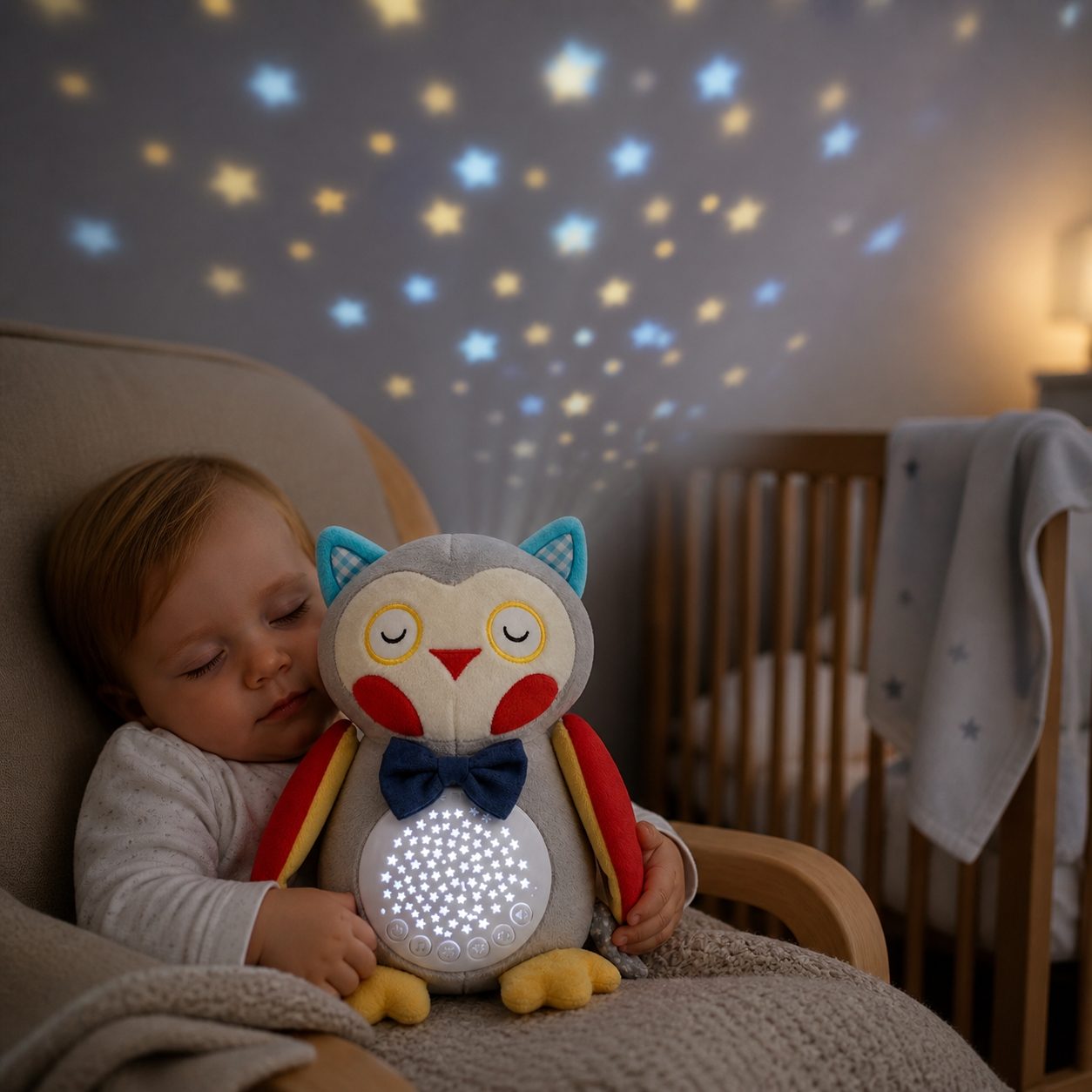 Bufnita De Plus Interactiva Pentru Copii Cu Proiectie Luminoasa Si Muzica, Jucarie De Somn Tip Lampa De Veghe Cu Sunete Relaxante, Plush Pentru Imbratisat Si Linistire Copii 0+ Luni, Multicolor 4