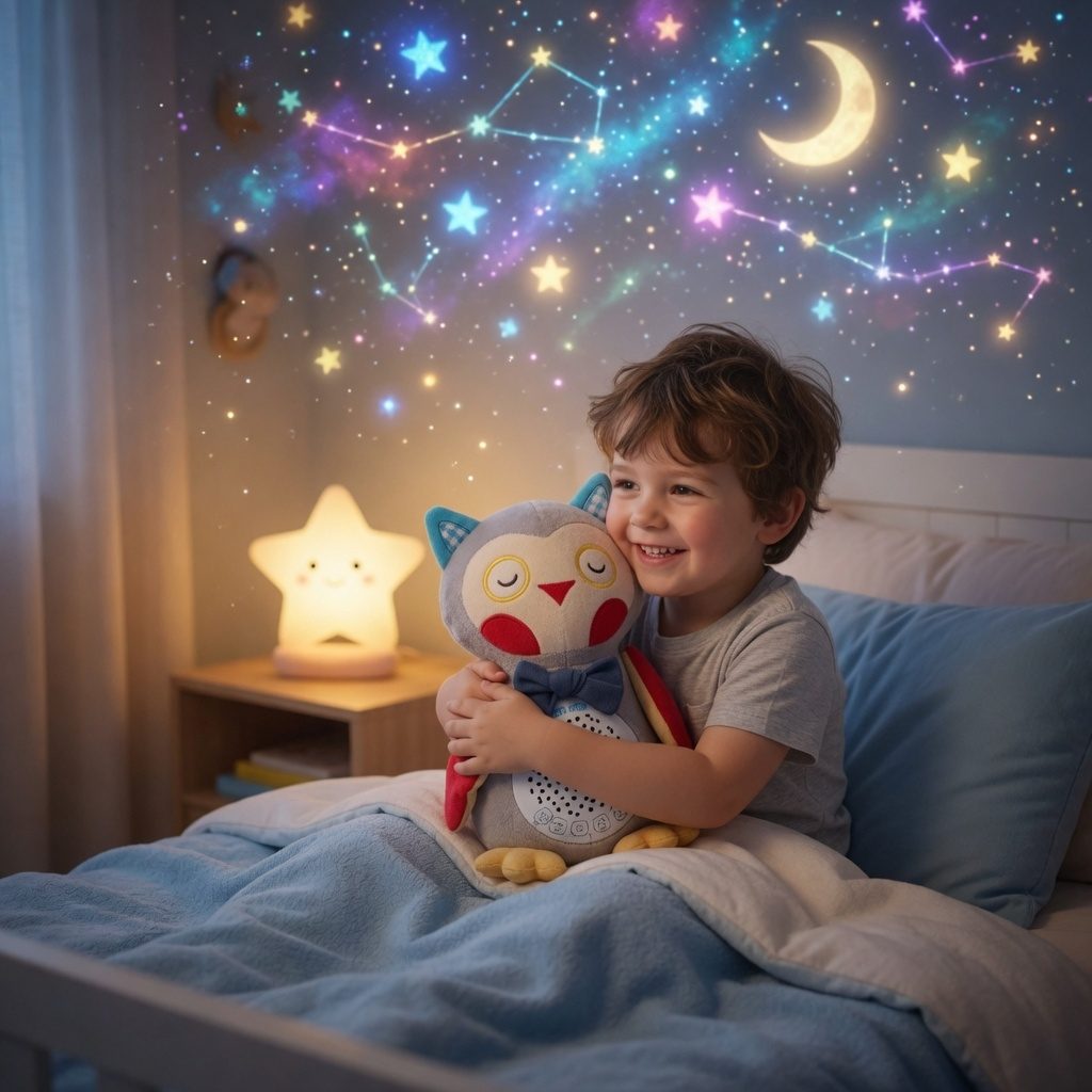 Bufnita De Plus Interactiva Pentru Copii Cu Proiectie Luminoasa Si Muzica, Jucarie De Somn Tip Lampa De Veghe Cu Sunete Relaxante, Plush Pentru Imbratisat Si Linistire Copii 0+ Luni, Multicolor 5