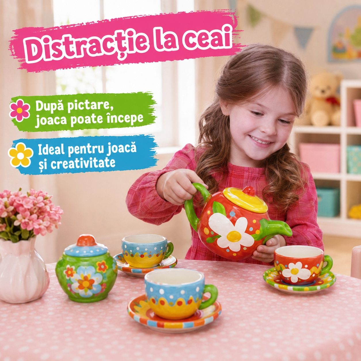 Set Ceai Ceramic de Pictat pentru Copii, Joc Creativ DIY cu Ceainic si Cesti pentru Decorat, Set Artistic cu Pensula si Culori pentru Pictura si Personalizare, Activitate Educativa si Distractiva Copii 6+ Ani, Multicolor 4