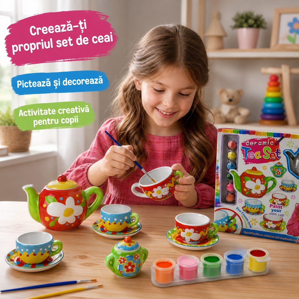 Set Ceai Ceramic de Pictat pentru Copii, Joc Creativ DIY cu Ceainic si Cesti pentru Decorat, Set Artistic cu Pensula si Culori pentru Pictura si Personalizare, Activitate Educativa si Distractiva Copii 6+ Ani, Multicolor 3