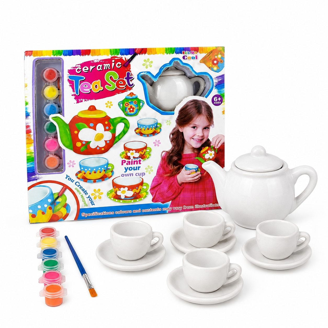 Set Ceai Ceramic de Pictat pentru Copii, Joc Creativ DIY cu Ceainic si Cesti pentru Decorat, Set Artistic cu Pensula si Culori pentru Pictura si Personalizare, Activitate Educativa si Distractiva Copii 6+ Ani, Multicolor 1