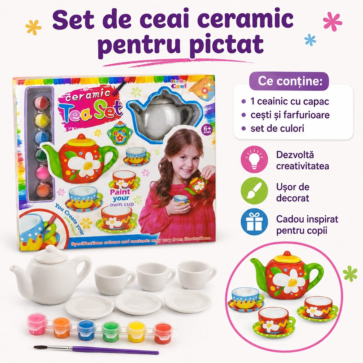 Set Ceai Ceramic de Pictat pentru Copii, Joc Creativ DIY cu Ceainic si Cesti pentru Decorat, Set Artistic cu Pensula si Culori pentru Pictura si Personalizare, Activitate Educativa si Distractiva Copii 6+ Ani, Multicolor 2