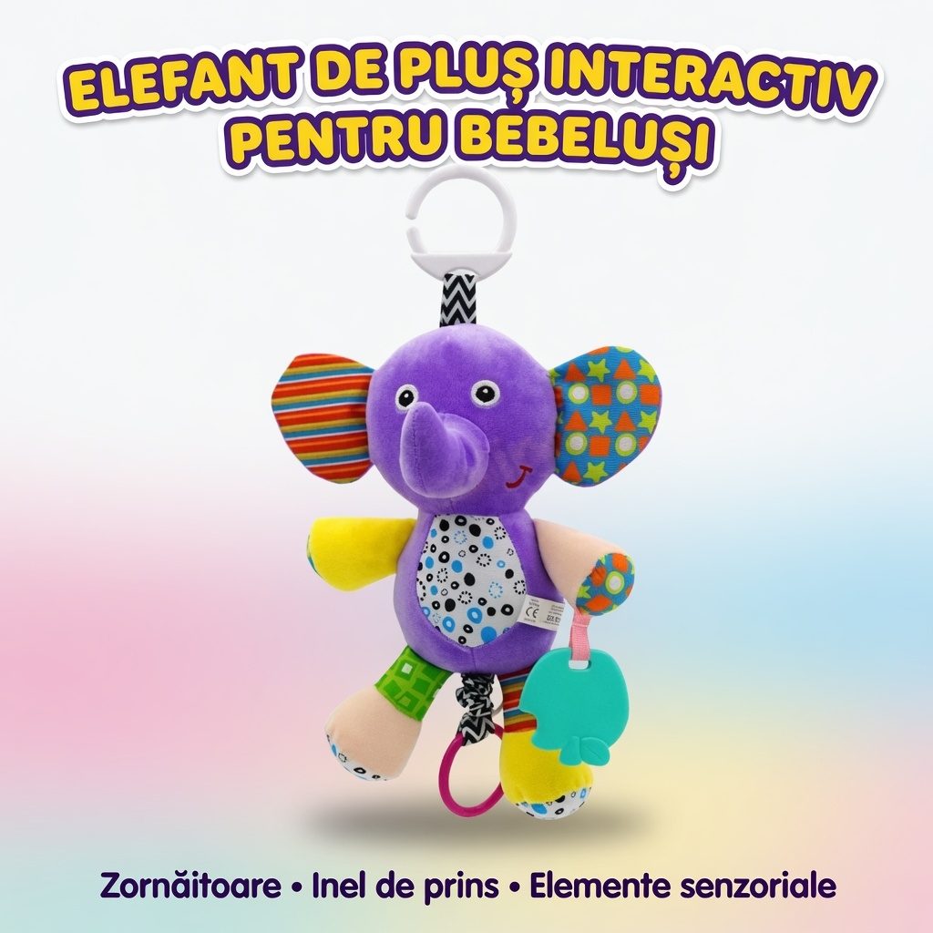 Jucarie Bebelusi Elefant Plus Cu Agatatoare, Zornaitoare Si Accesorii Dentitie, Jucarie Interactiva Suspendata Pentru Carucior Sau Patut, Jucarie Sensoriala Cu Texturi Diferite, Dezvoltare Motrica, Pentru Copii 0+ Luni, Mov 3