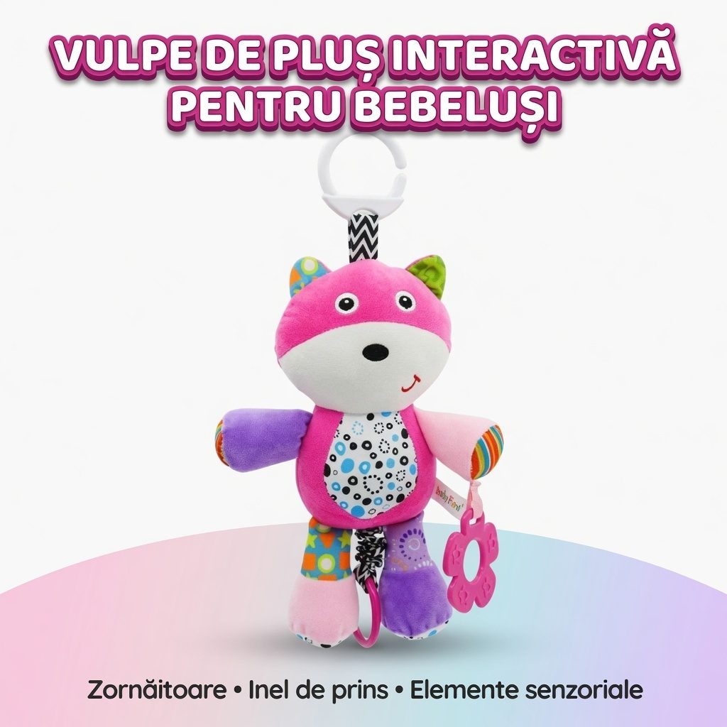 Jucarie Bebelusi Vulpe Plus Cu Agatatoare, Zornaitoare Si Accesorii Dentitie, Jucarie Interactiva Suspendata Pentru Carucior Sau Patut, Jucarie Sensoriala Cu Texturi Diferite, Dezvoltare Motrica, Pentru Copii 0+ Luni, Roz 2