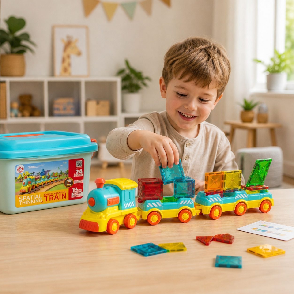 Set Magnetic Copii Trenulet Cu Gentuta Si Piese De Constructie, Joc Educativ De Gandire Logica Si Coordonare Cu Elemente Magnetice, Jucarie Interactiva Pentru Dezvoltare Creativitate Si Indemanare Copii 3+ Ani, Multicolor 3