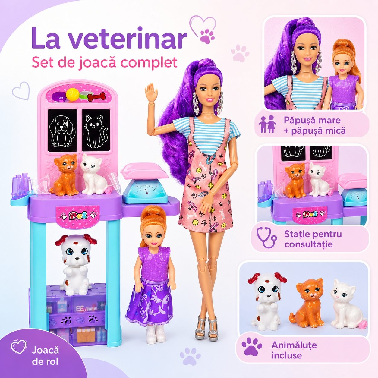 Papusa Anglinda La Veterinar pentru Copii, Set Jucarie cu Papusa Fashion, Fetita si Accesorii pentru Ingrijire Animale, Joc de Rol Interactiv cu Catelusi si Mobilier, Cadou pentru Fetite 3+ Ani, Multicolor 2